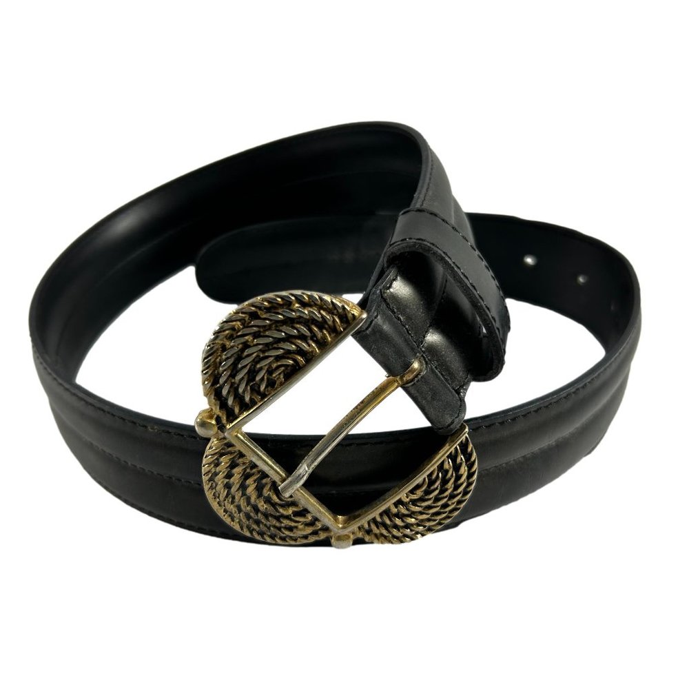 Accessory Lady Black Leather Belt Size Small Italy Made Gold Tone Metal Buckle